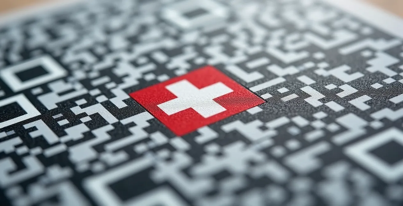 Makroaufnahme eines Schweizer QR-Codes, bei der das kleine Schweizer Kreuz in der Mitte des Musters deutlich zu erkennen ist.
