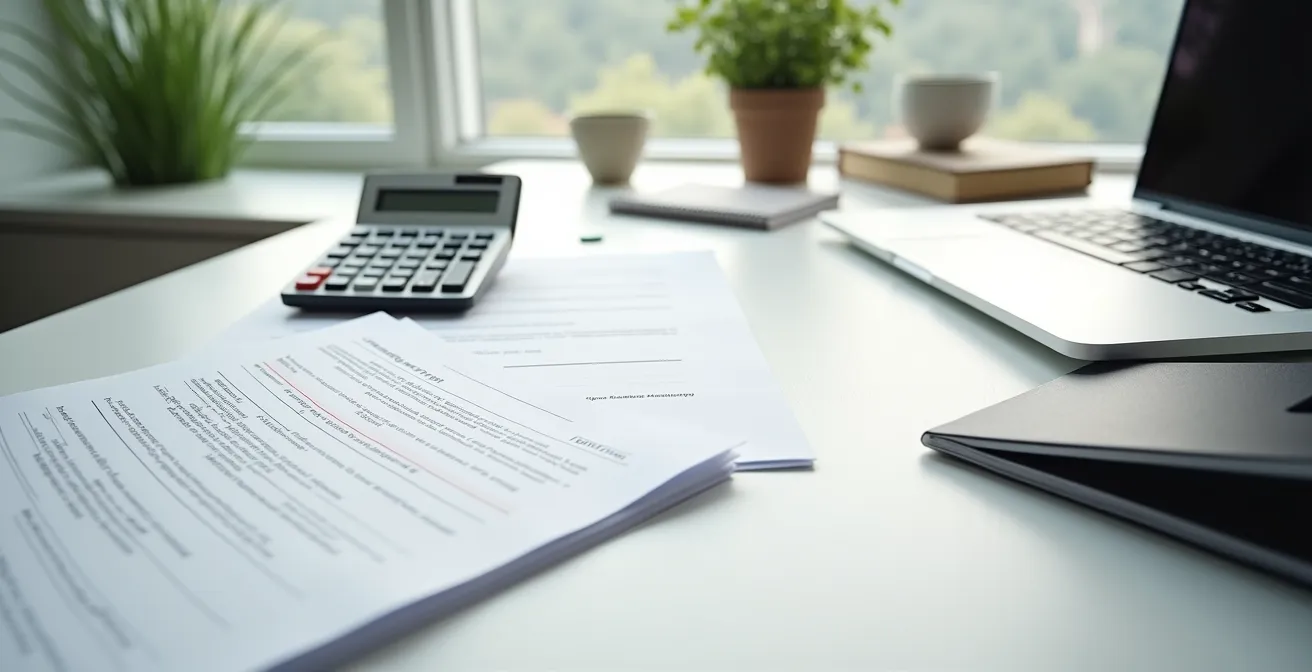 Arbeitsplatz mit Steuerformularen und Taschenrechner für nachträgliche ordentliche Veranlagung