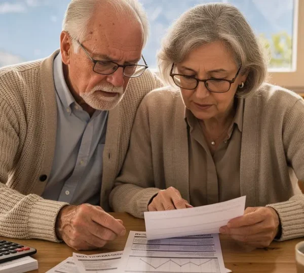 Älteres Paar sitzt am Küchentisch und prüft gemeinsam Finanzunterlagen für die Altersvorsorge
