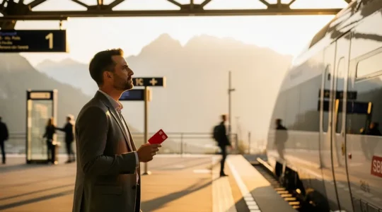 Reisender mit SwissPass berechnet GA-Rentabilität am Schweizer Bahnhof