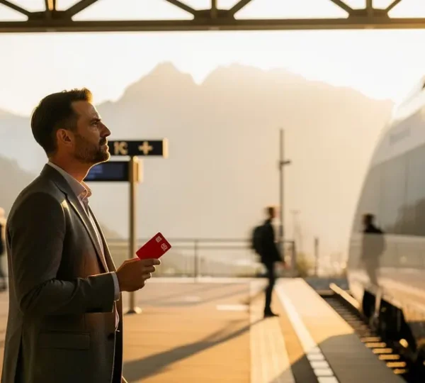 Reisender mit SwissPass berechnet GA-Rentabilität am Schweizer Bahnhof
