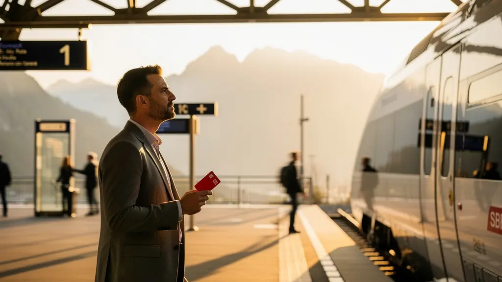 Reisender mit SwissPass berechnet GA-Rentabilität am Schweizer Bahnhof