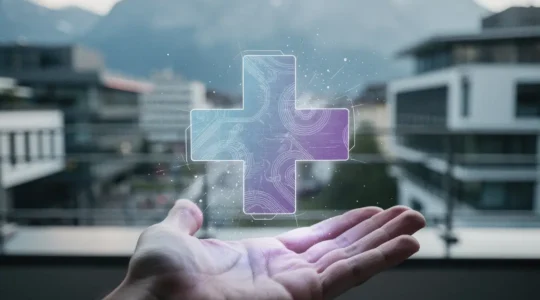 Futuristische Darstellung der digitalen Identität in der Schweiz mit holografischen Sicherheitsmerkmalen