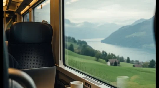 Schweizer Berufspendler arbeitet konzentriert am Laptop in einem modernen SBB-Zugabteil mit Blick auf die vorbeiziehende Landschaft