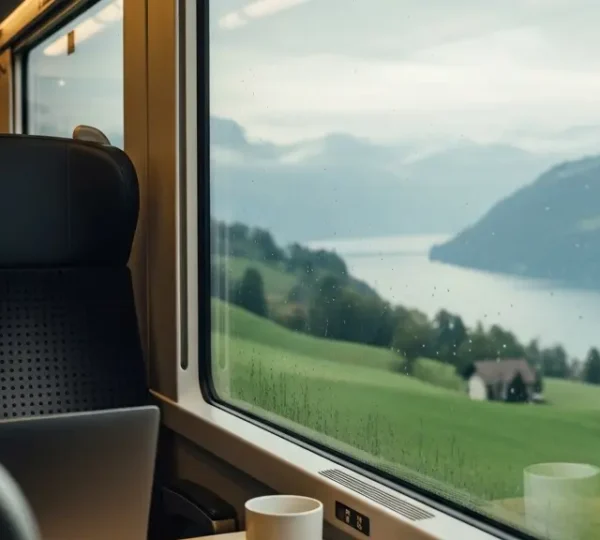 Schweizer Berufspendler arbeitet konzentriert am Laptop in einem modernen SBB-Zugabteil mit Blick auf die vorbeiziehende Landschaft