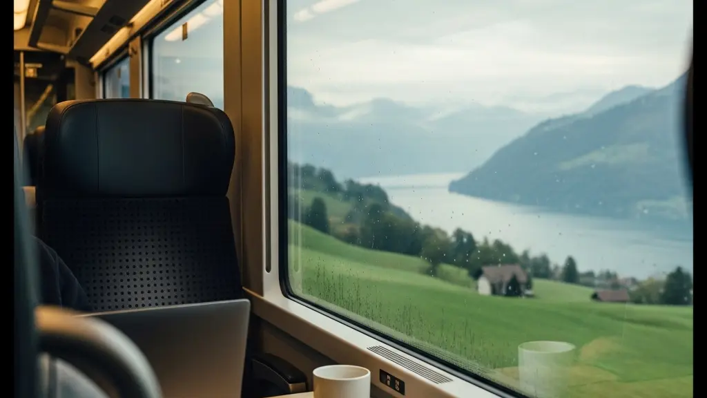 Schweizer Berufspendler arbeitet konzentriert am Laptop in einem modernen SBB-Zugabteil mit Blick auf die vorbeiziehende Landschaft