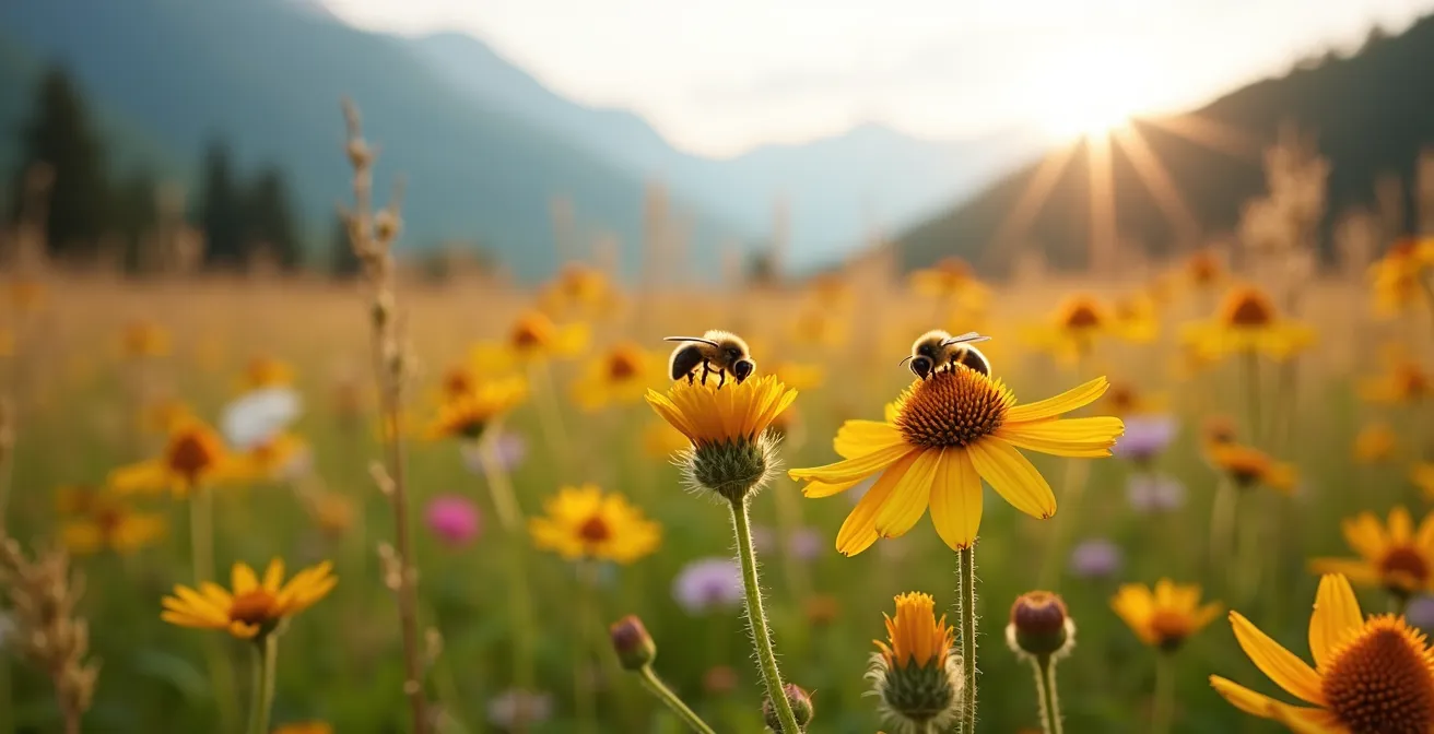 Blühende Wildblumenwiese mit heimischen Schweizer Pflanzen und Bienen