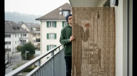 Mieterin auf einem Schweizer Mietbalkon hält einen mobilen Sichtschutz vor dem Balkongeländer; ruhige Stadtkulisse im Hintergrund.