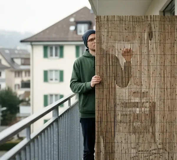 Mieterin auf einem Schweizer Mietbalkon hält einen mobilen Sichtschutz vor dem Balkongeländer; ruhige Stadtkulisse im Hintergrund.