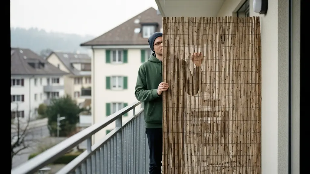 Mieterin auf einem Schweizer Mietbalkon hält einen mobilen Sichtschutz vor dem Balkongeländer; ruhige Stadtkulisse im Hintergrund.