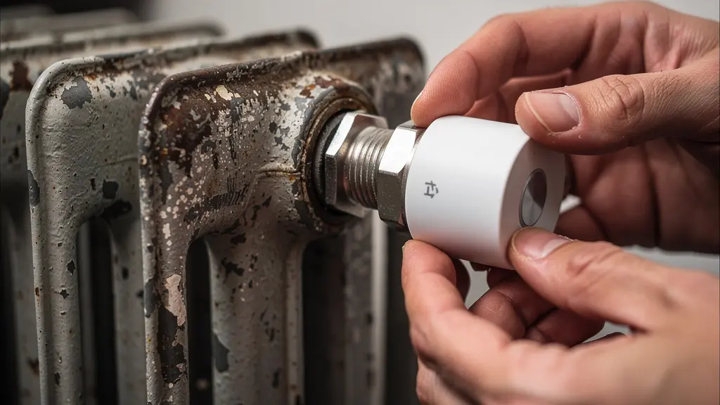 Nahaufnahme der Installation eines smarten Thermostats an einem Altbau-Heizkörper