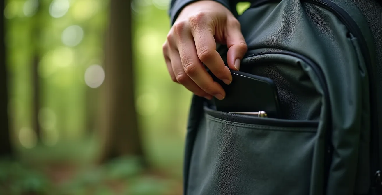 Eine Hand legt ein Smartphone bewusst in die Innentasche eines Rucksacks, der Wald ist unscharf im Hintergrund zu sehen.