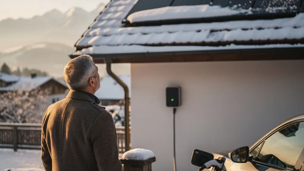 Schweizer Einfamilienhaus mit Photovoltaikanlage auf dem Dach im flachen Winterlicht