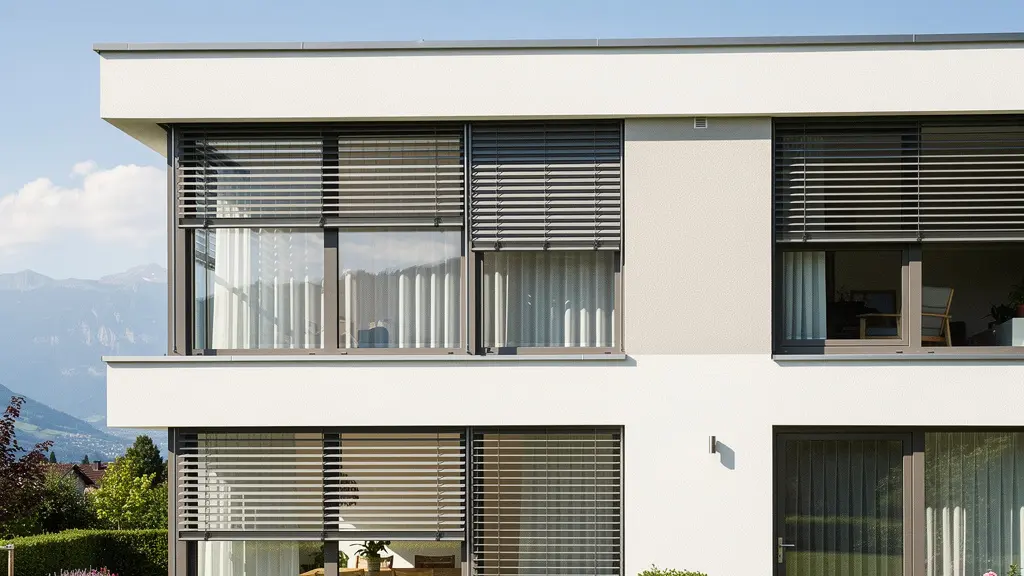 Weite Aufnahme eines modernen Schweizer Einfamilienhauses im Sommer mit aussenliegenden Lamellenstoren und viel freiem Himmel als negativer Raum.