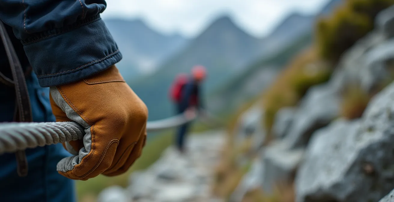 Wanderer nutzt Drahtseil zur Sicherung auf schmalem T3-Bergweg über Geröllfeld