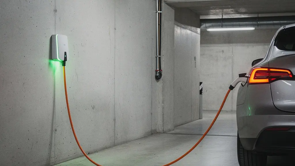 Unterirdische Tiefgarage eines Schweizer Mehrfamilienhauses mit Ladeinfrastruktur für Elektrofahrzeuge