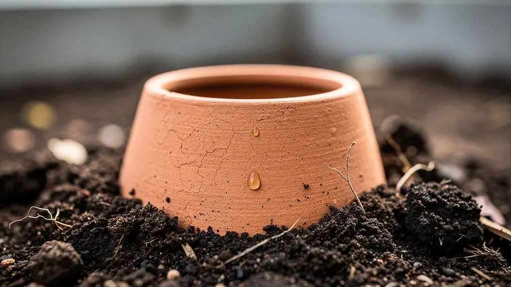 Makroaufnahme eines unglasierten Tonkrugs (Olla) in Topferde, feuchte Erde und feine Texturen im Detail.