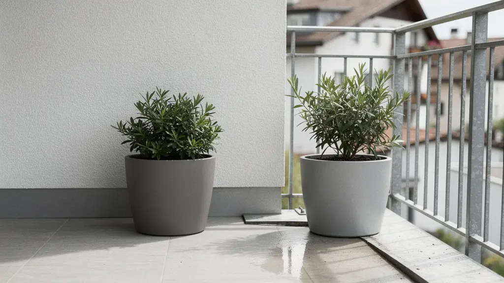 Zwei schwere Pflanzkübel auf einem Balkon: einer nahe an der Hauswand, einer nahe am Geländer, als Vergleich der Lastverteilung.