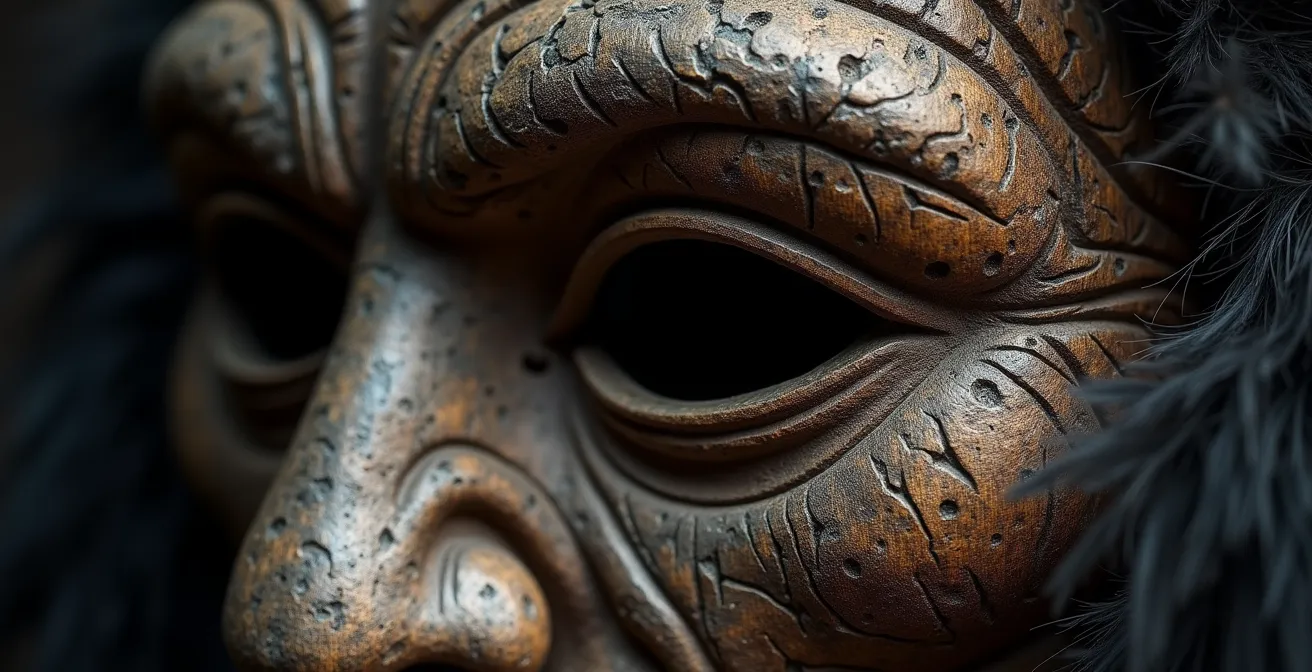 Tschäggättä mit furchterregender Holzmaske und Tierfell im Lötschental