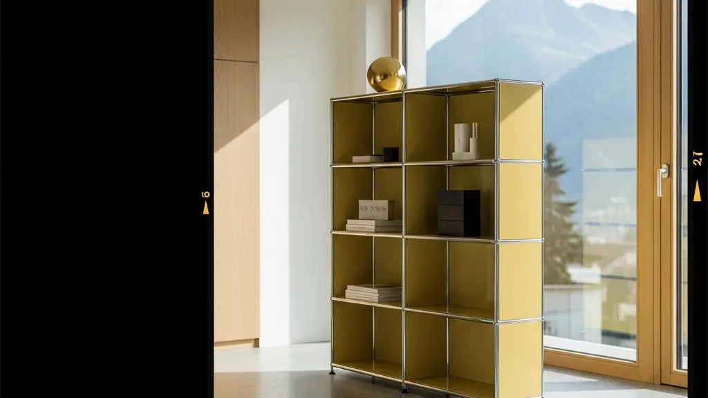 Gebrauchtes USM Haller Regal in warmem Licht als Symbol fuer Wertstabilitaet und Schweizer Designqualitaet