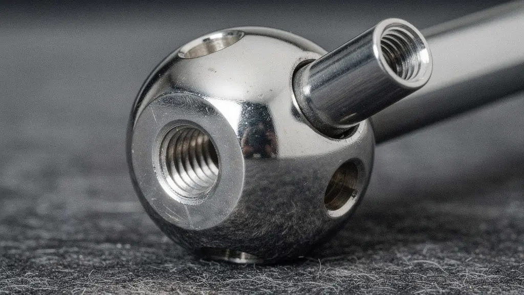 Nahaufnahme einer verchromten USM-Haller-Verbindungskugel mit sichtbarem Gewinde als Detail fuer die Echtheitspruefung