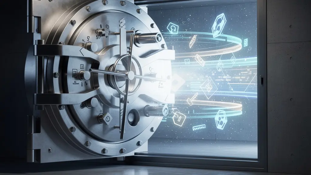 Symbolische Darstellung eines digitalen Schlüssels in einem Schweizer Tresor