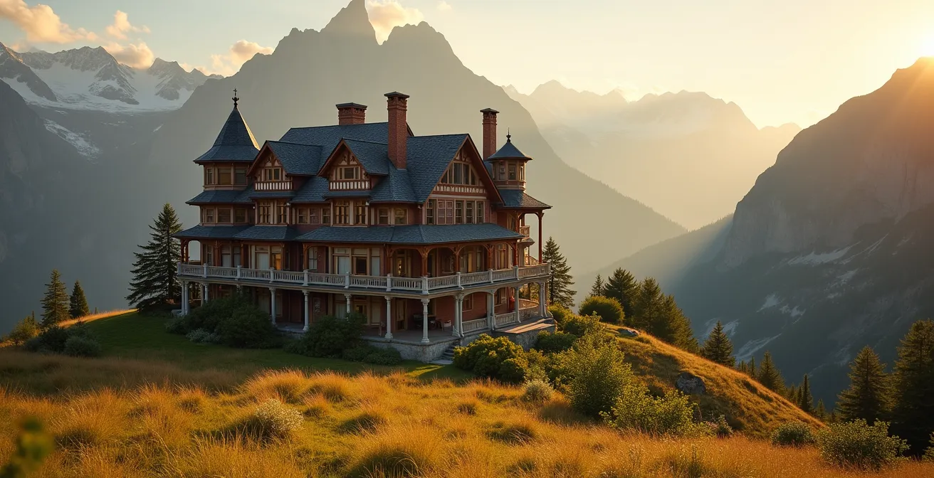 Historisches Gebäude der Villa Cassel auf der Riederalp mit Blick auf die Alpenlandschaft