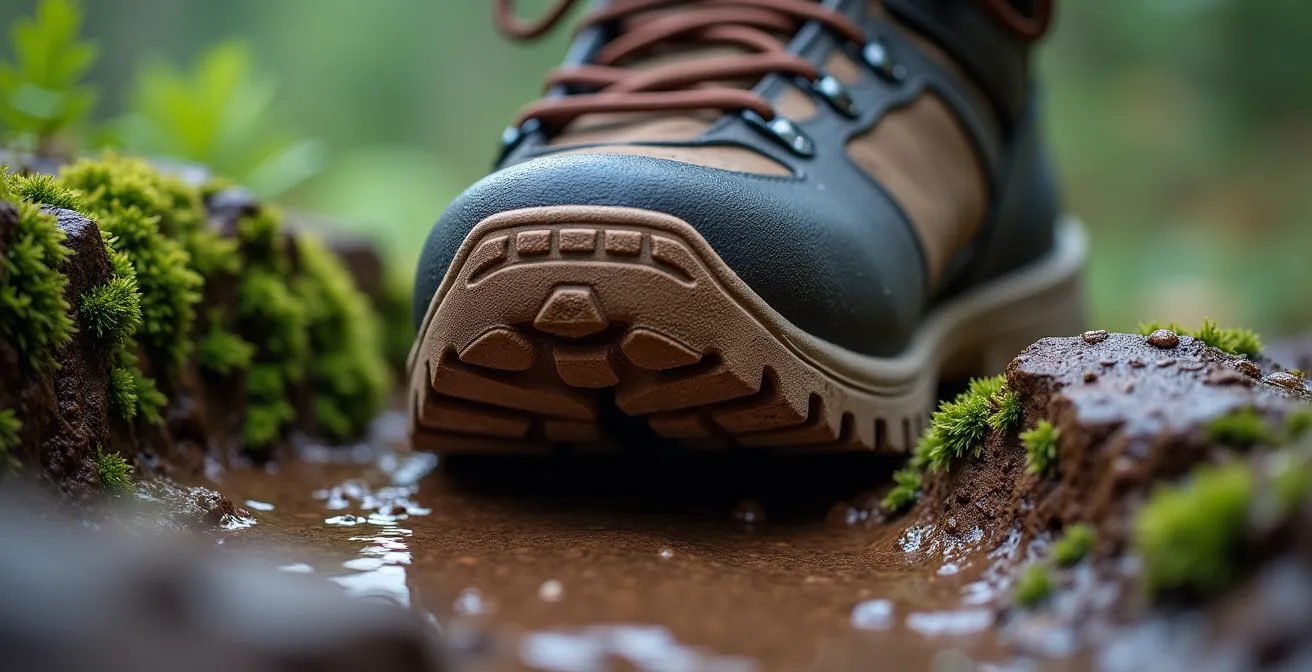 Nahaufnahme von Wanderschuhen auf feuchtem Jura-Waldboden, die den Grip und die Textur des Terrains zeigen