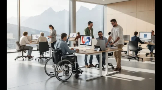 Modernes Büro mit einem diversen Team, das an einem inklusiven Arbeitsplatz zusammenarbeitet