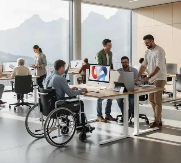 Modernes Büro mit einem diversen Team, das an einem inklusiven Arbeitsplatz zusammenarbeitet