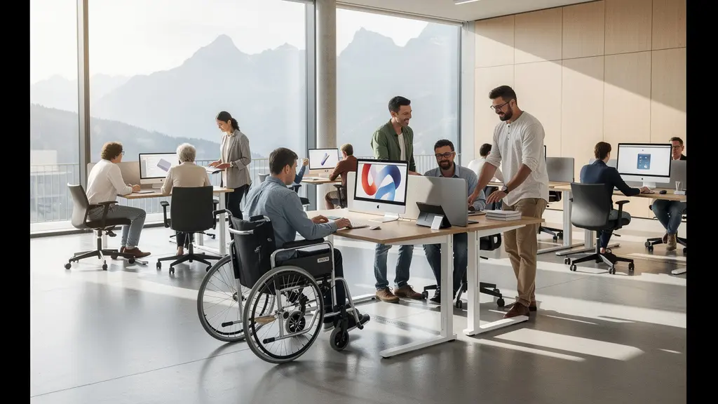 Modernes Büro mit einem diversen Team, das an einem inklusiven Arbeitsplatz zusammenarbeitet