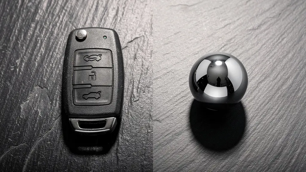 Symbolischer Vergleich zwischen einem Autoschluessel und einer verchromten Moebel-Kugel als Metapher fuer Wertverlust versus Wertstabilitaet