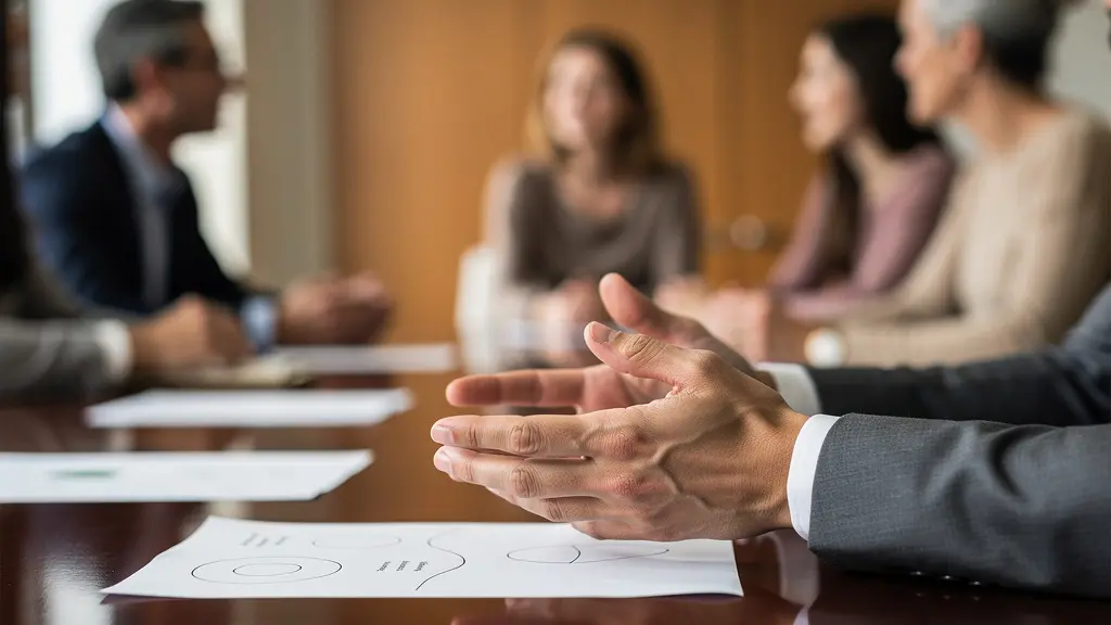 Professioneller Mediator in einer neutralen Büroumgebung, der Dokumente mit ruhiger Autorität bespricht und so die Rolle eines Willensvollstreckers symbolisiert.