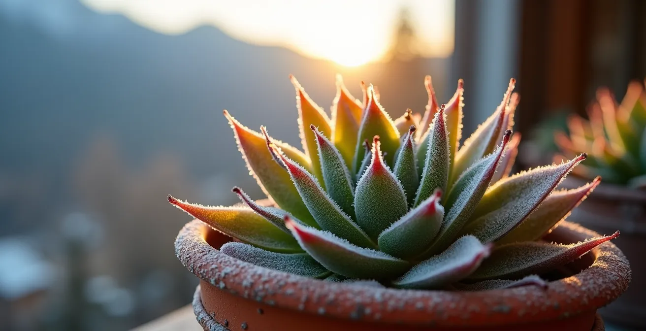 Frostresistente Topfpflanzen auf einem verschneiten Schweizer Balkon