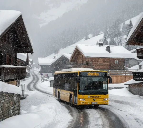 PostAuto fährt durch verschneites Schweizer Bergdorf im Winter