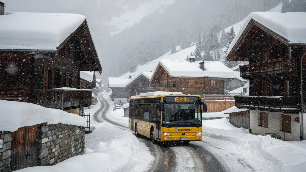 PostAuto fährt durch verschneites Schweizer Bergdorf im Winter