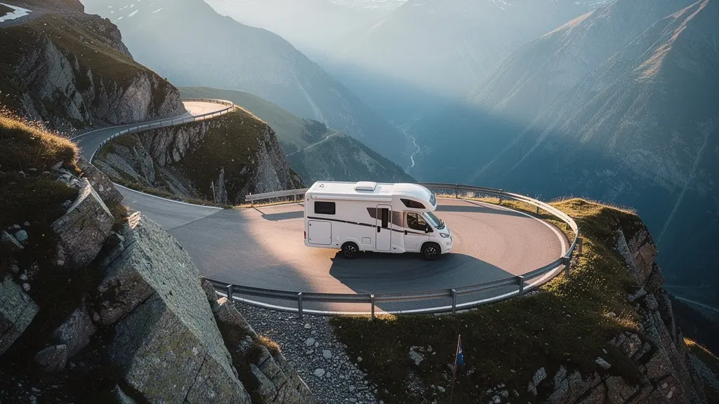 Ein Wohnmobil fährt langsam durch eine enge Haarnadelkurve in den Alpen; die Perspektive macht den Heckschwenk und den notwendigen Sicherheitsabstand sichtbar.