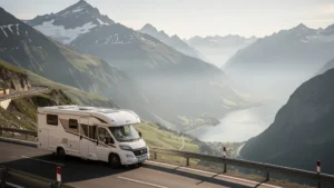Ein Wohnmobil fährt auf einer alpinen Passstraße am Gotthardpass bergab, mit weitem Blick auf die Schweizer Alpen und viel freiem Himmel als Negativraum.