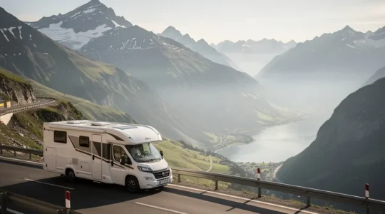Ein Wohnmobil fährt auf einer alpinen Passstraße am Gotthardpass bergab, mit weitem Blick auf die Schweizer Alpen und viel freiem Himmel als Negativraum.