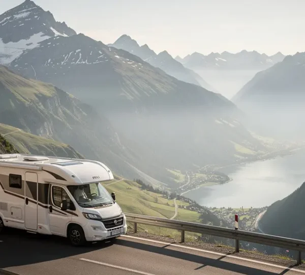 Ein Wohnmobil fährt auf einer alpinen Passstraße am Gotthardpass bergab, mit weitem Blick auf die Schweizer Alpen und viel freiem Himmel als Negativraum.