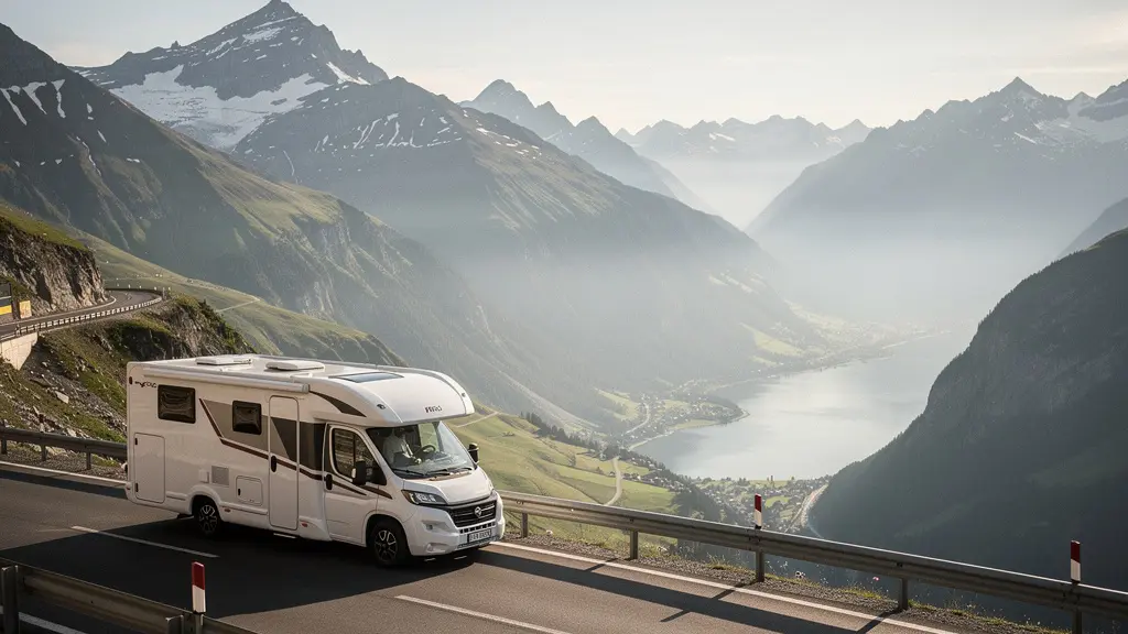 Ein Wohnmobil fährt auf einer alpinen Passstraße am Gotthardpass bergab, mit weitem Blick auf die Schweizer Alpen und viel freiem Himmel als Negativraum.