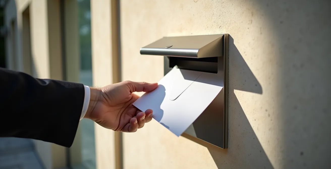 Eine Hand wirft einen Briefumschlag mit einem Zahlungsauftrag in den Briefkasten einer Schweizer Bank.