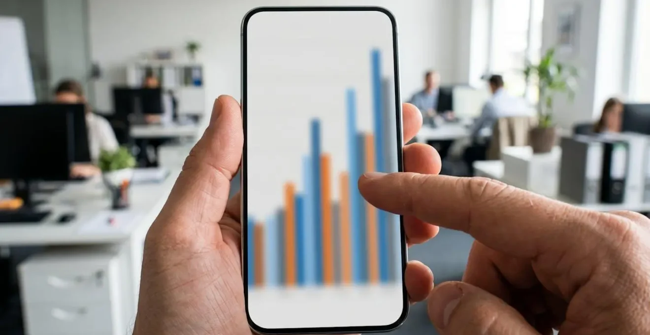 Nahaufnahme einer Hand, die ein modernes Smartphone hält und auf einen verschwommenen Bildschirm mit Datenvisualisierung zeigt