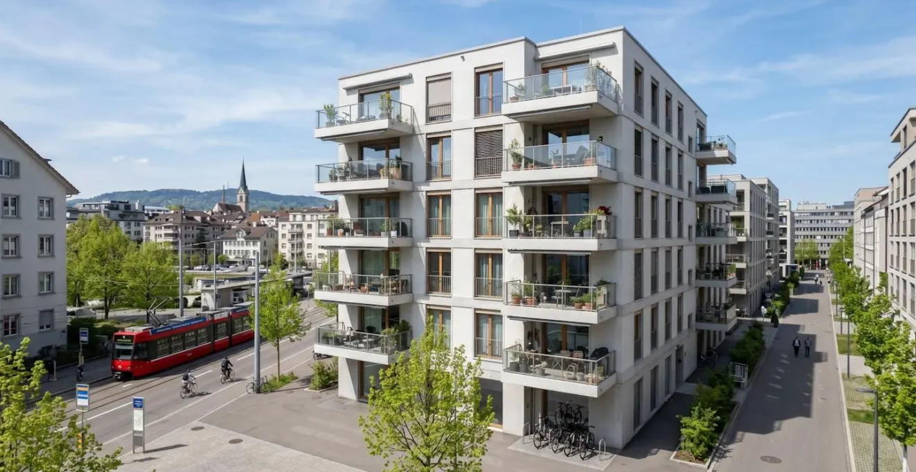 Weitwinkelaufnahme eines zeitgenössischen Wohngebäudes mit sauberer Fassade und Balkonen in einem städtischen Schweizer Quartier