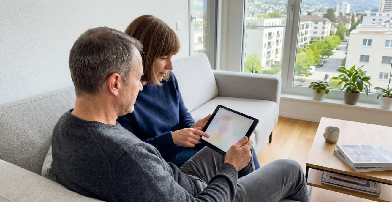 Ein Paar mittleren Alters sitzt auf einem modernen Sofa und schaut gemeinsam auf eine Tablet-Bildschirm