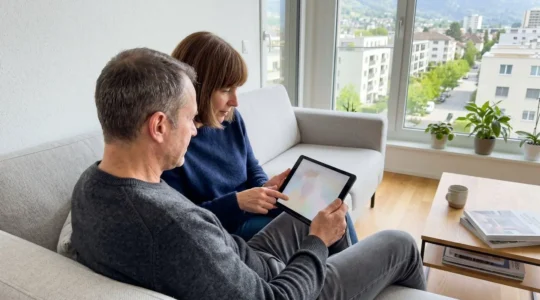 Ein Paar mittleren Alters sitzt auf einem modernen Sofa und schaut gemeinsam auf eine Tablet-Bildschirm