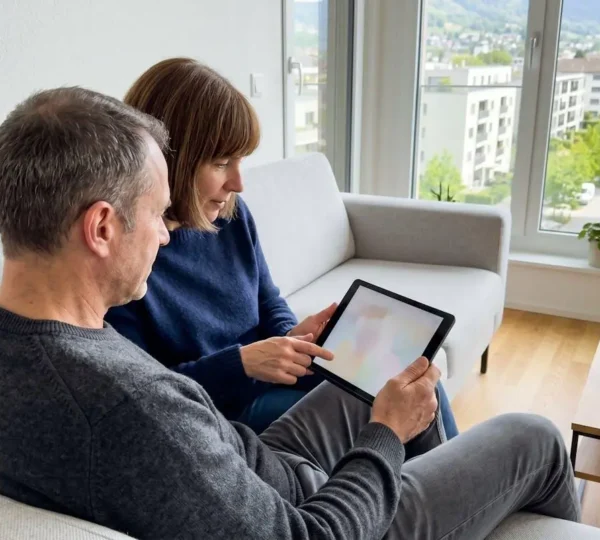 Ein Paar mittleren Alters sitzt auf einem modernen Sofa und schaut gemeinsam auf eine Tablet-Bildschirm
