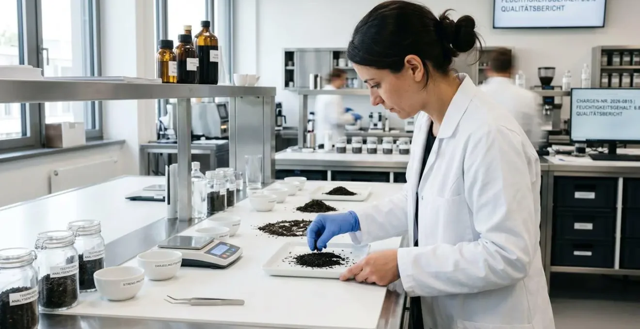 Ein Tee-Inspektor untersucht sorgfältig getrocknete Teeblätter auf einem modernen Prüftisch in professioneller Arbeitsumgebung