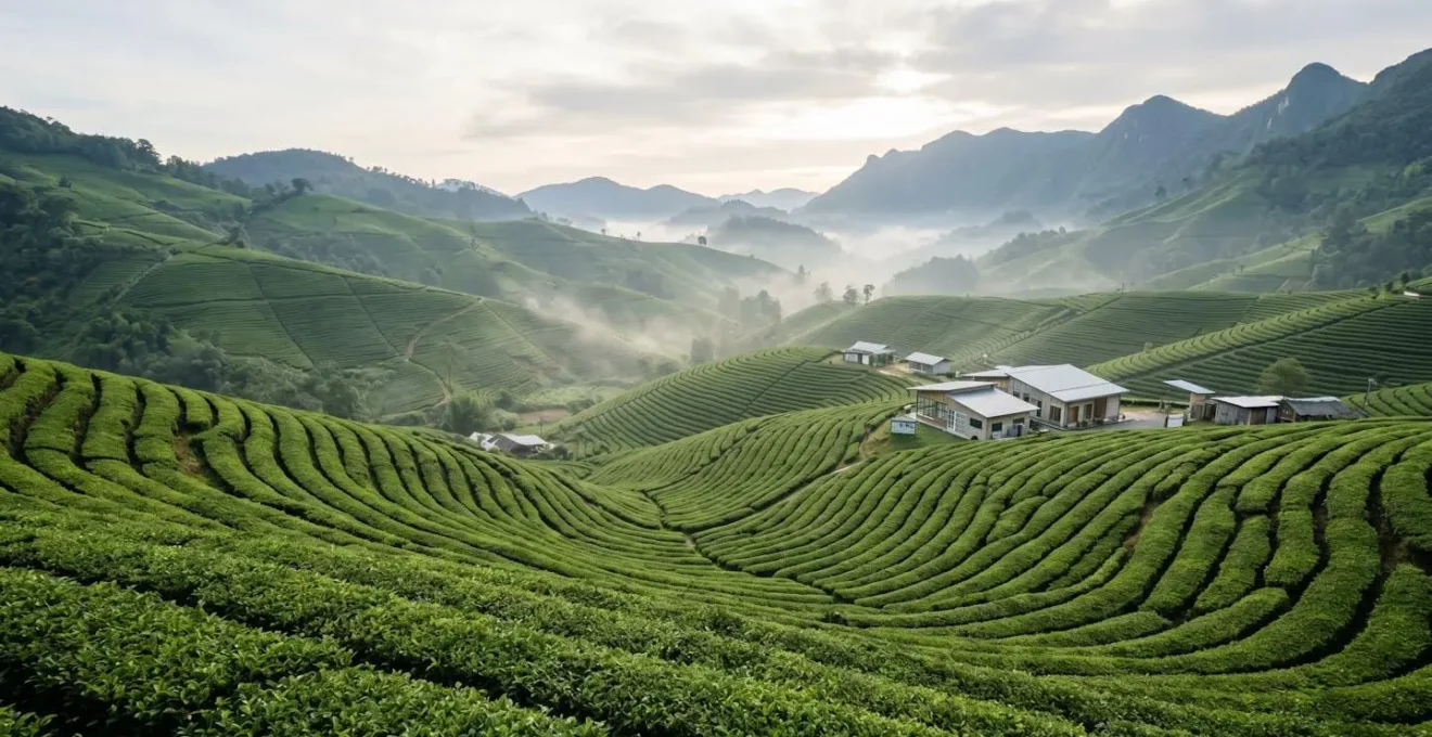 Sanft geschwungene, terrassenförmig angelegte Teeplantage im frühen Morgenlicht mit leichtem Nebel über den grünen Teebüschen
