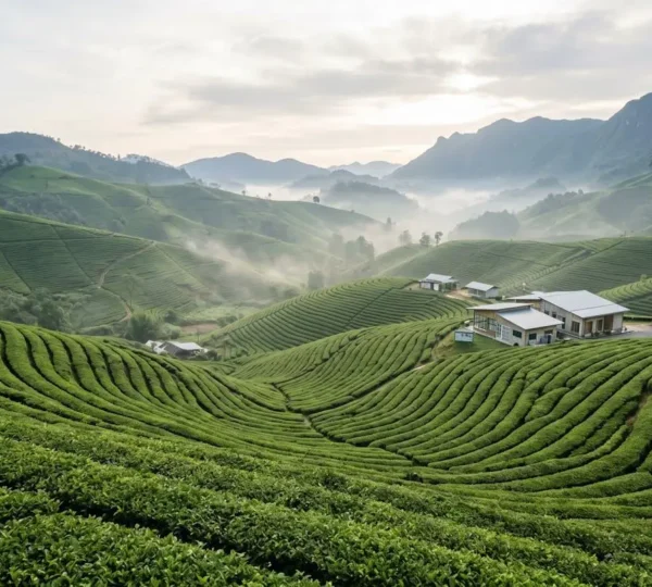 Sanft geschwungene, terrassenförmig angelegte Teeplantage im frühen Morgenlicht mit leichtem Nebel über den grünen Teebüschen